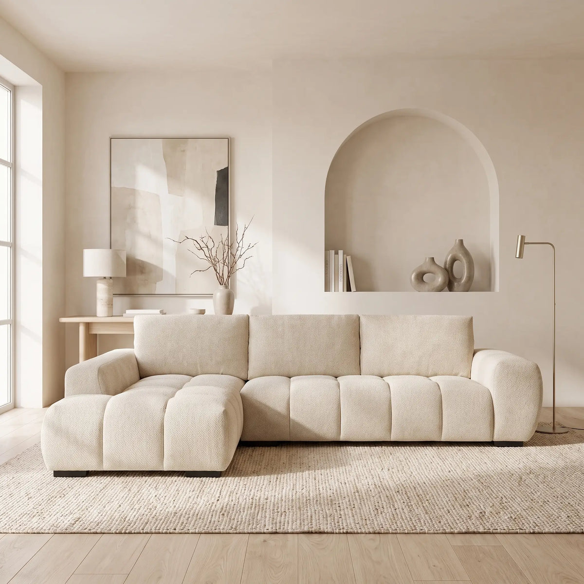Canapé d'angle Japandi gauche 5 places en tissu texturé beige 298 cm - Berenia