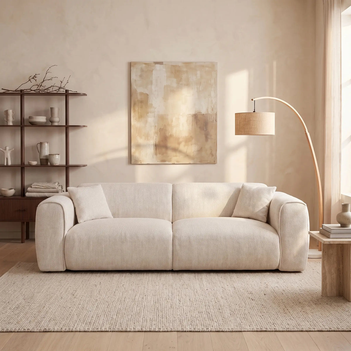 Canapé Japandi 4 places convertible express en tissu texturé beige 236 cm - Pognia