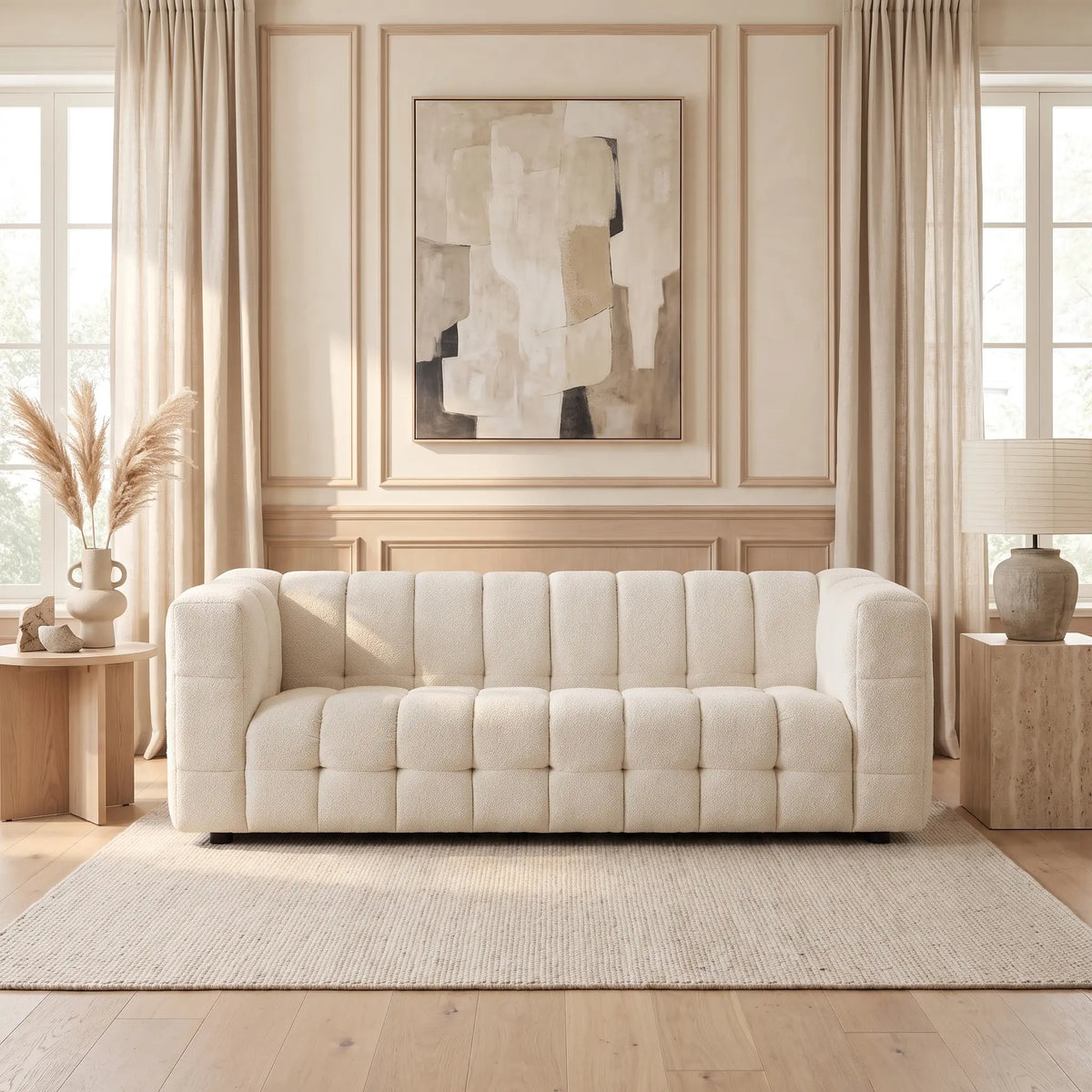 Canapé Japandi 3 places en bouclette blanc ivoire 213 cm - Lerici