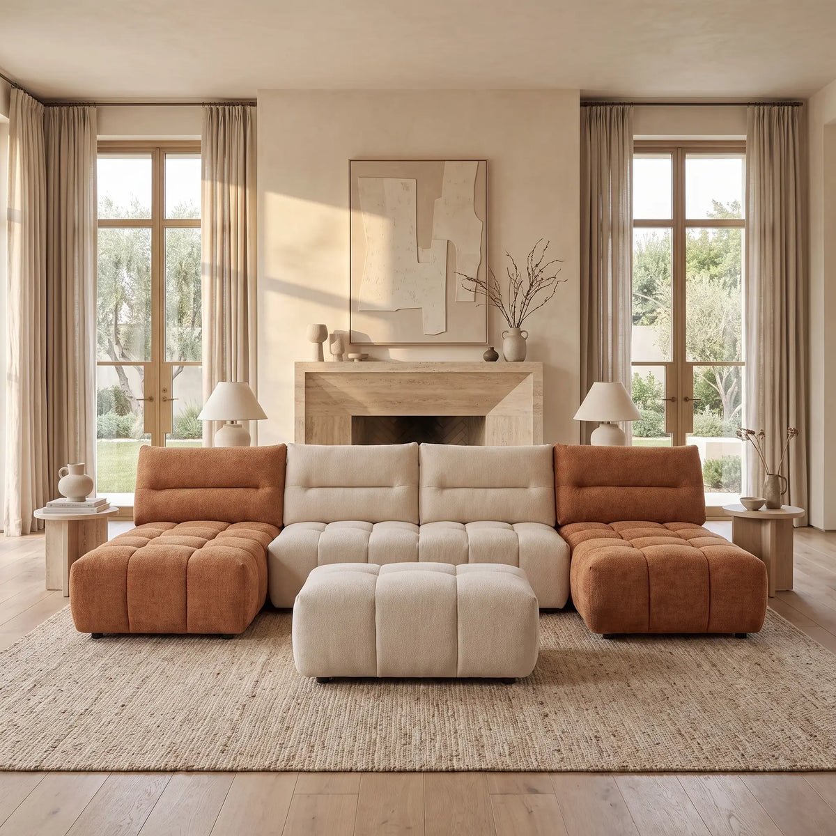 Canapé d'angle Japandi panoramique modulable 7 places avec pouf en tissu texturé beige et terracotta 370 cm - Apoliu