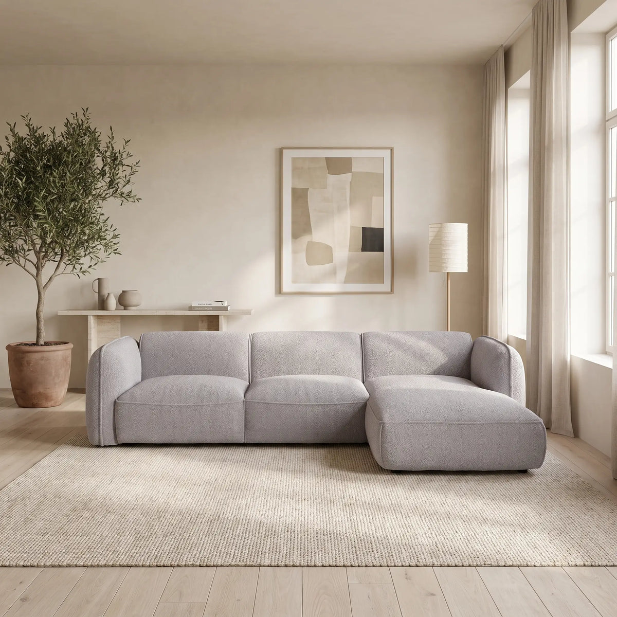 Canapé d'angle Japandi droit en tissu chenille gris clair 272 cm - Camilio