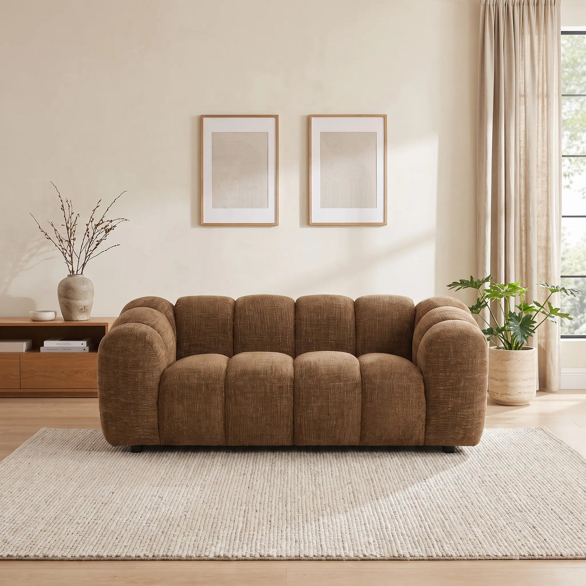Canapé Japandi 2 places en tissu chenille marron 189 cm - Nelimar