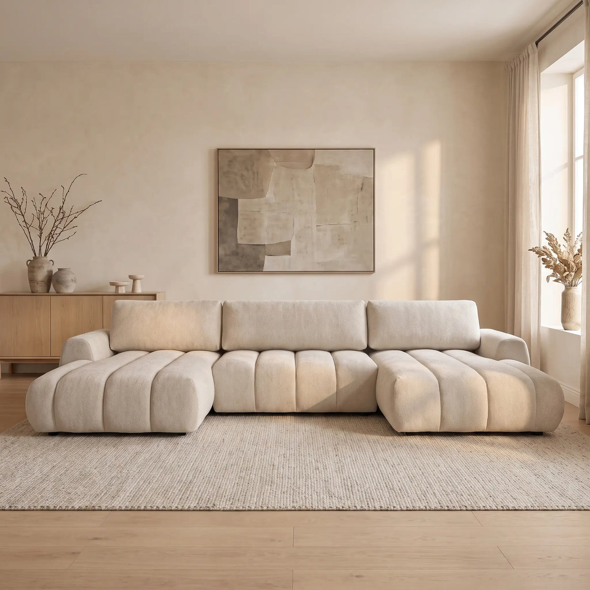 Canapé d'angle Japandi panoramique convertible avec coffre en tissu matelassé beige 364 cm - Fridora