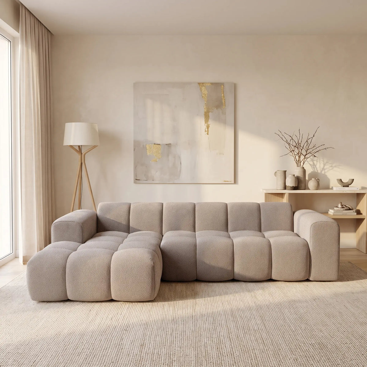 Canapé d'angle Japandi gauche 4 places en tissu chenille taupe 284 cm - Caleso