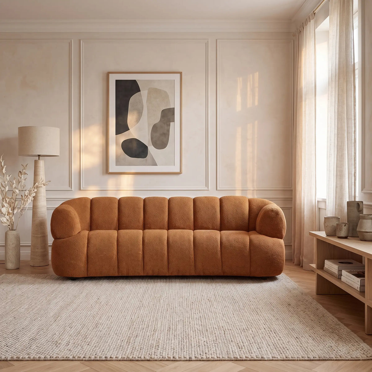 Canapé Japandi 3 places en bouclette terracotta 227 cm - Coliani