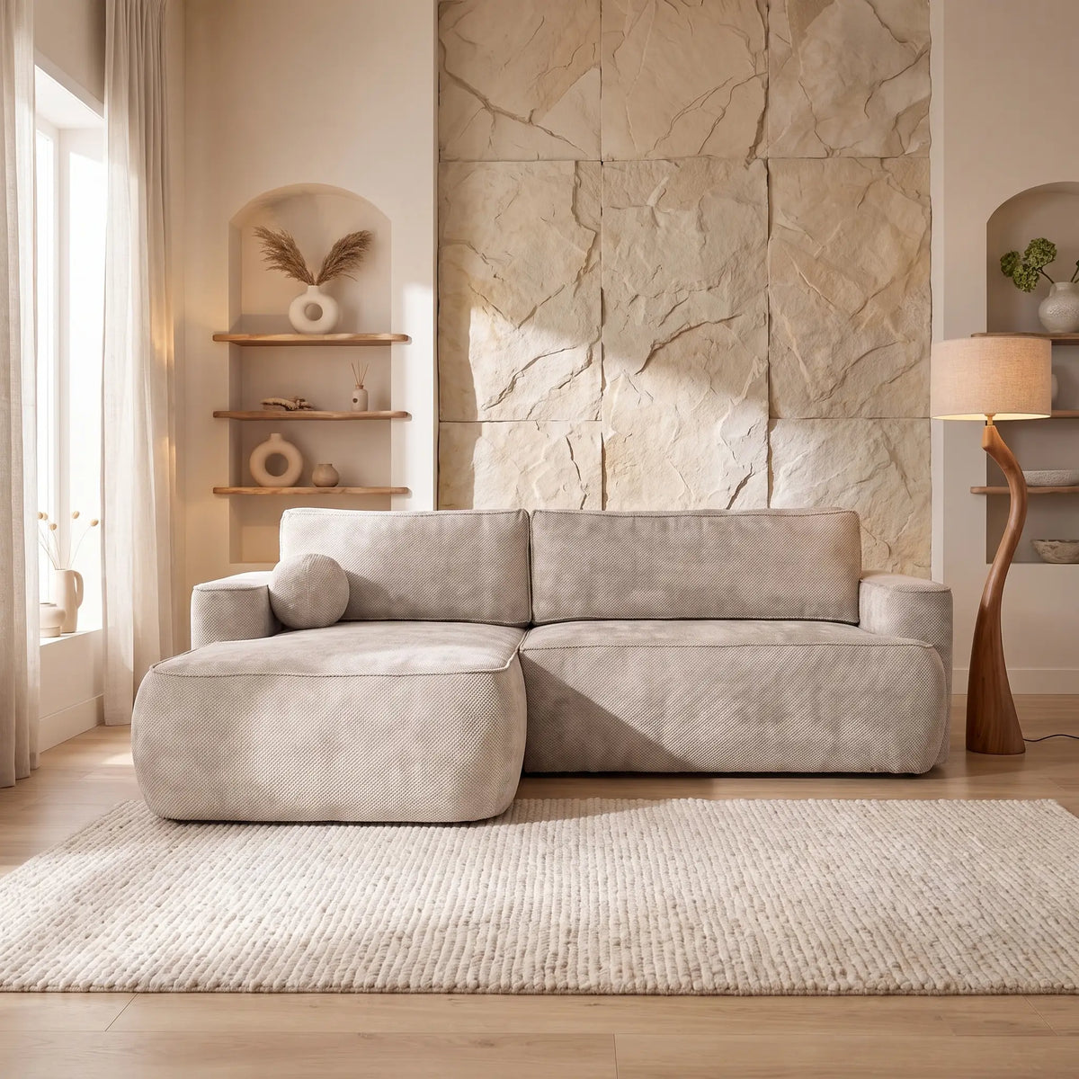 Canapé d'angle Japandi droit convertible avec coffre en tissu côtelé beige 267 cm - Moon