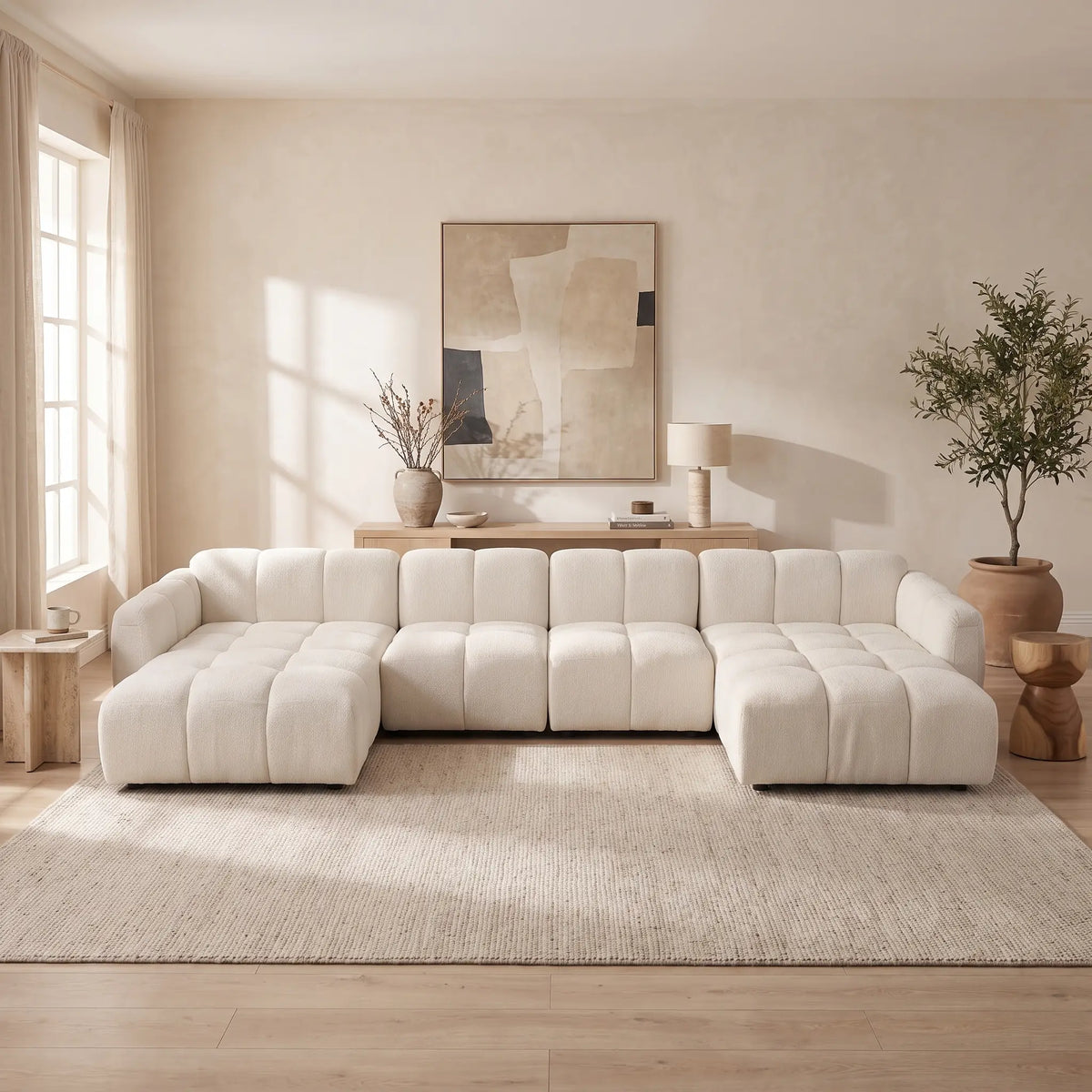 Canapé d'angle Japandi panoramique modulable 7 places en tissu texturé blanc cassé 396 cm - Carlivi