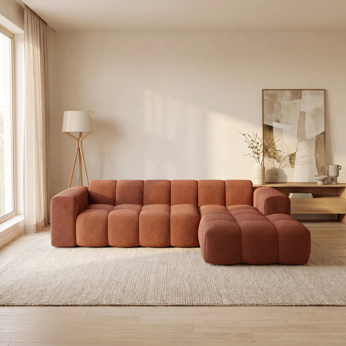 Canapé d'angle Japandi droit 4 places en tissu chenille terracotta 284 cm - Caleso