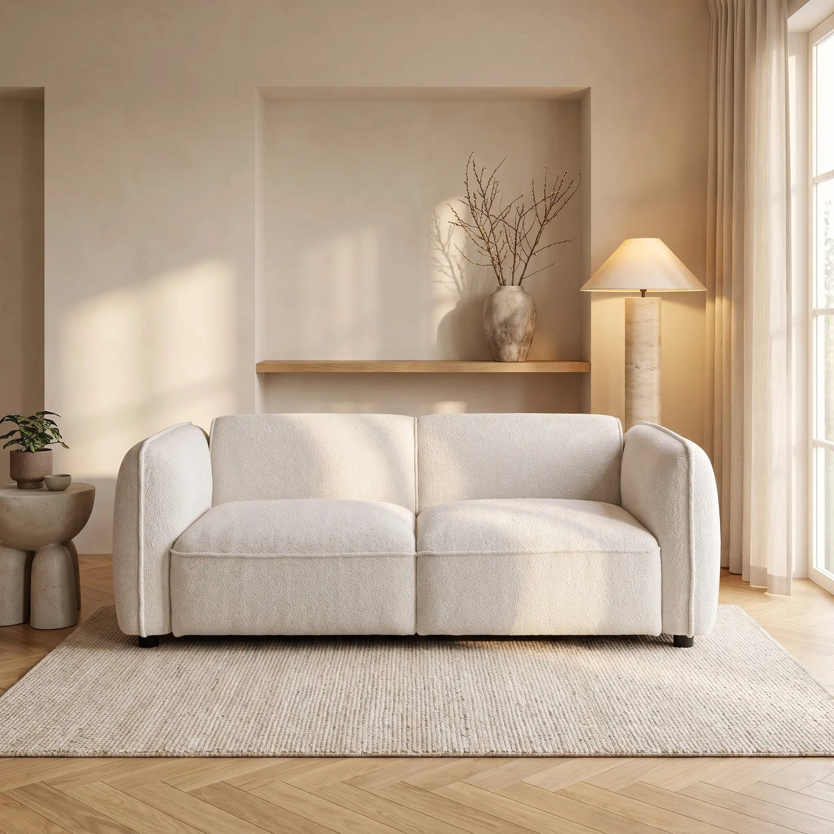 Canapé Japandi modulable 2 places en tissu chenille beige 196 cm - Camilio