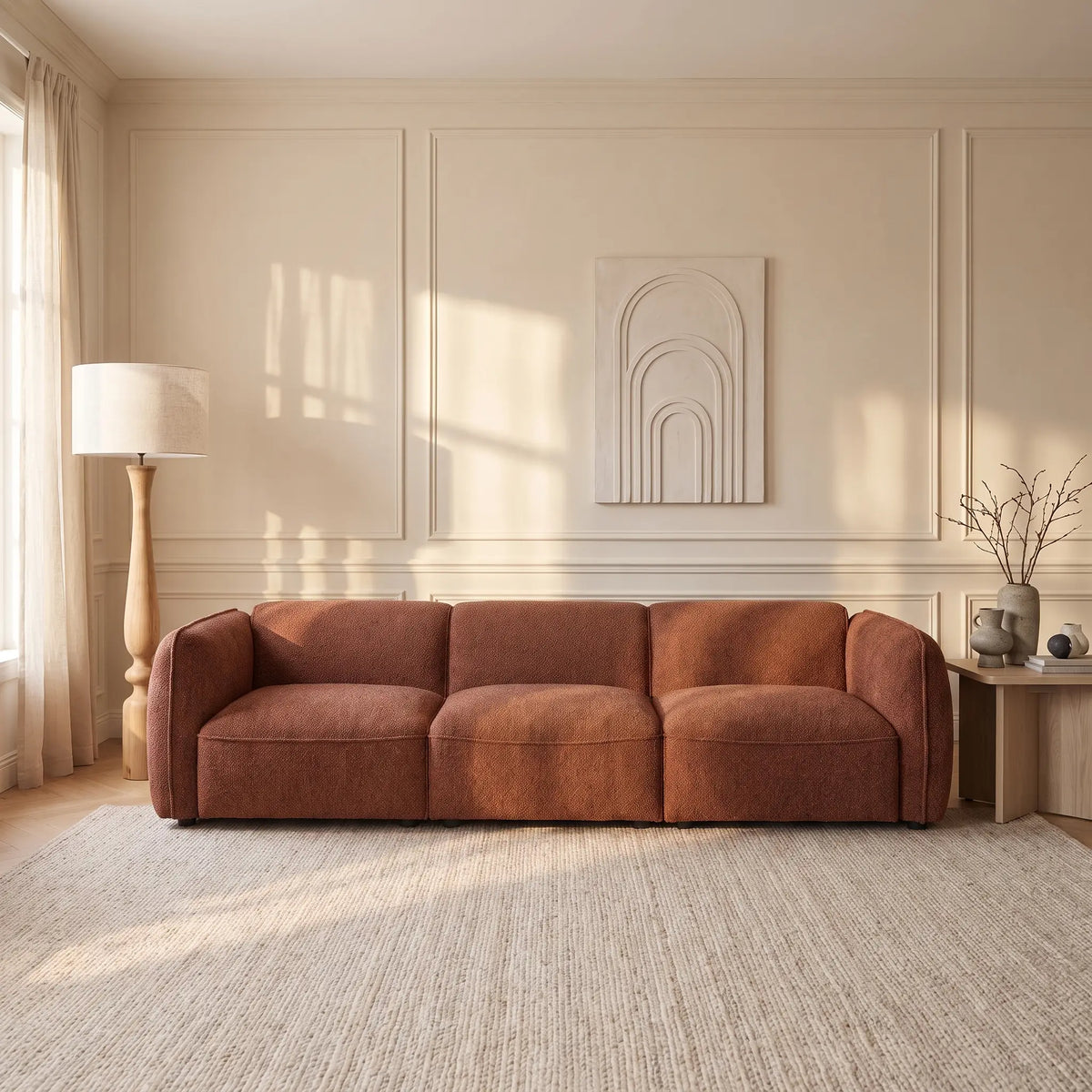 Canapé Japandi modulable 3 places en tissu chenille terracotta 271 cm - Camilio