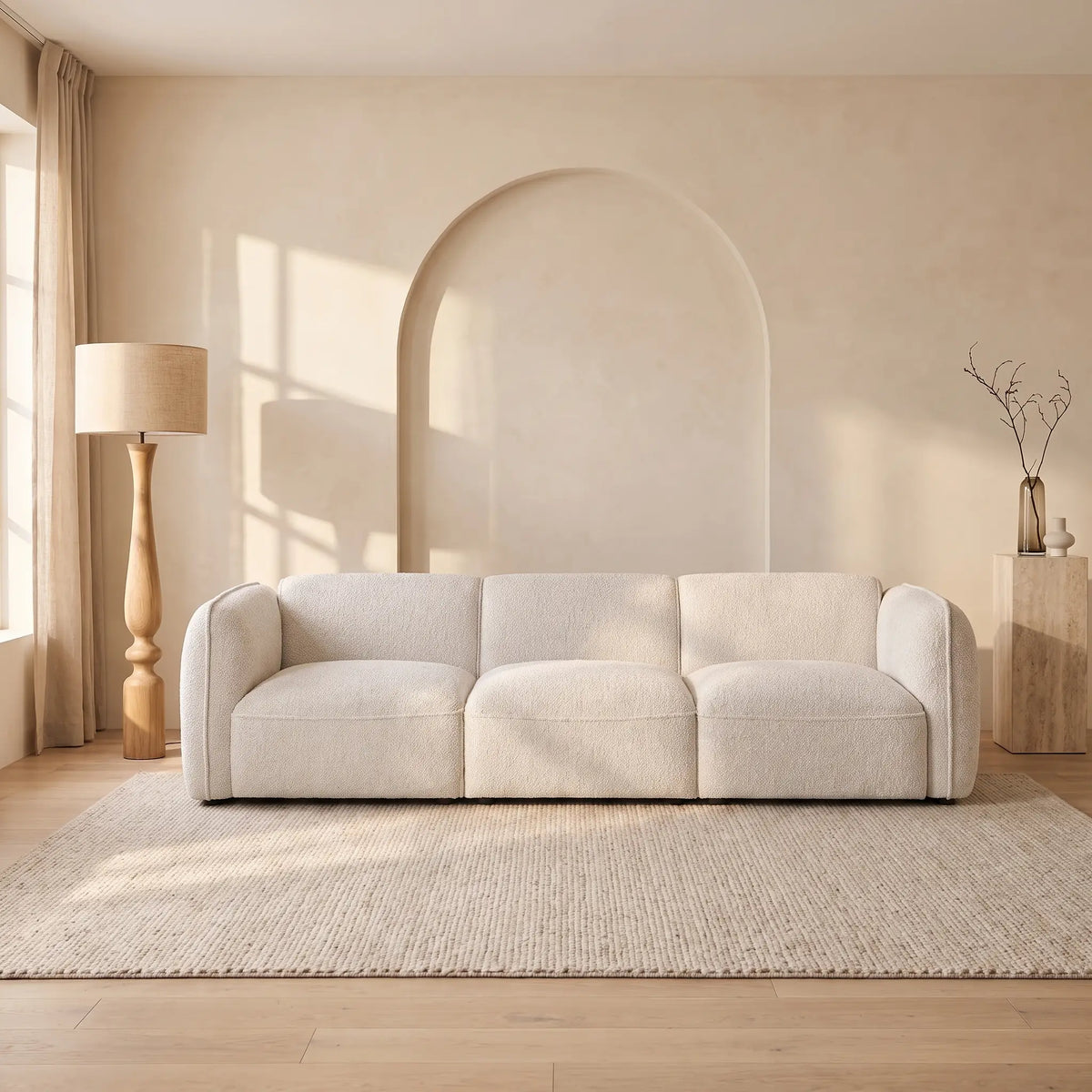 Canapé Japandi modulable 3 places en tissu chenille beige 271 cm - Camilio