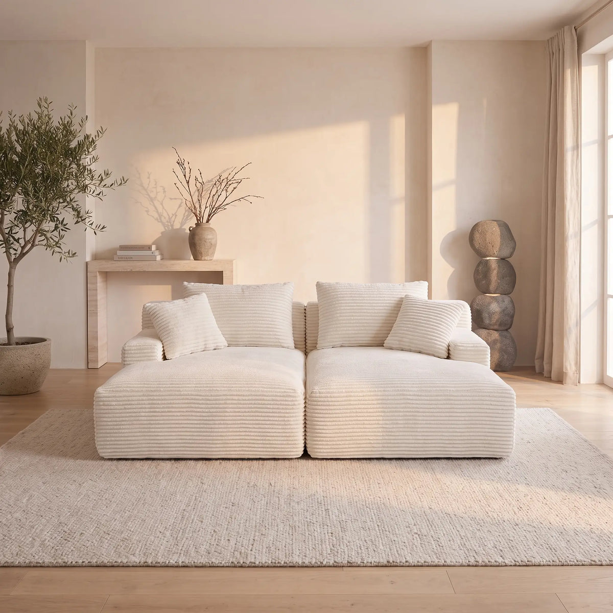 Canapé Japandi 3 places à assise profonde en velours côtelé grosses côtes beige 200 cm - Donilia