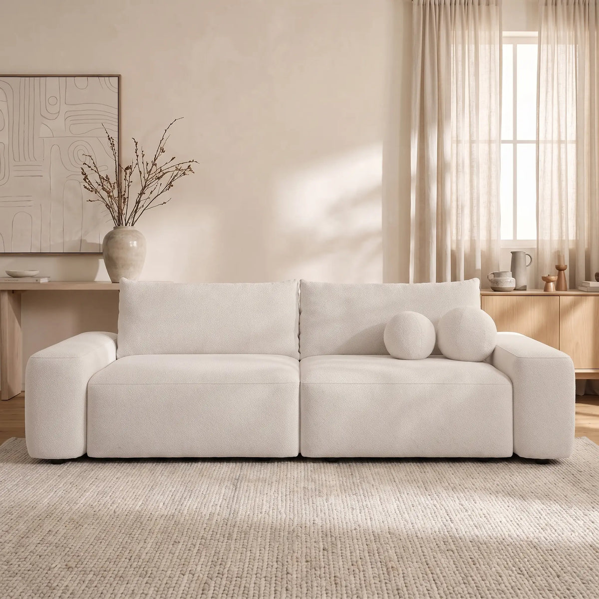 Canapé Japandi 4 places convertible avec coffre en tissu chiné crème 257 cm - Daviso