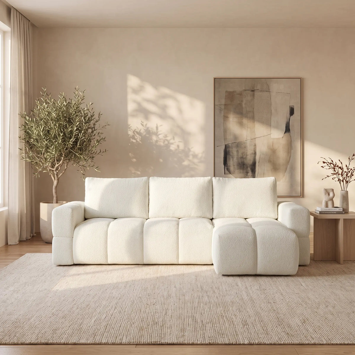 Canapé d'angle Japandi réversible convertible 5 places en bouclette beige 301 cm - Issoro