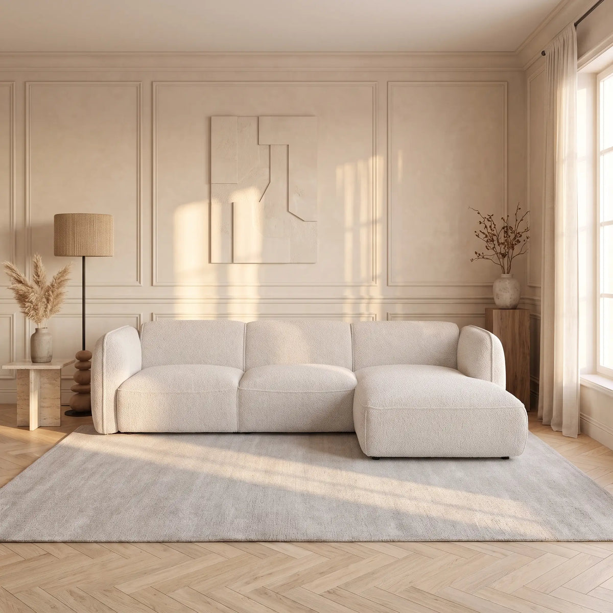Canapé d'angle Japandi droit modulable en tissu chenille beige 280 cm - Camilio