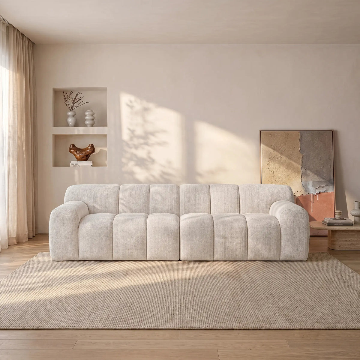 Canapé Japandi 4 places en tissu chenille beige 268 cm - Atuju