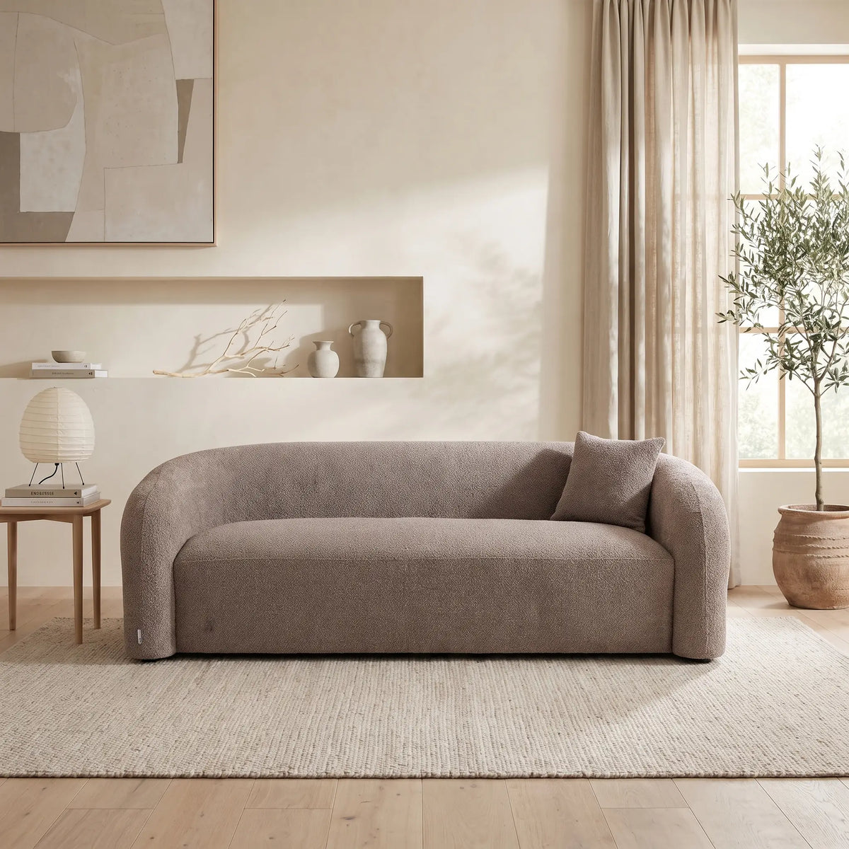 Canapé Japandi 3 places en bouclette taupe 220 cm - Lapiota