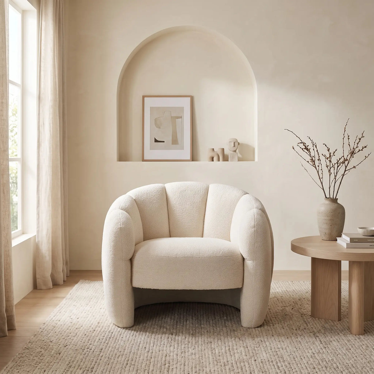 Fauteuil Japandi coquillage en tissu chenille beige - Delipo