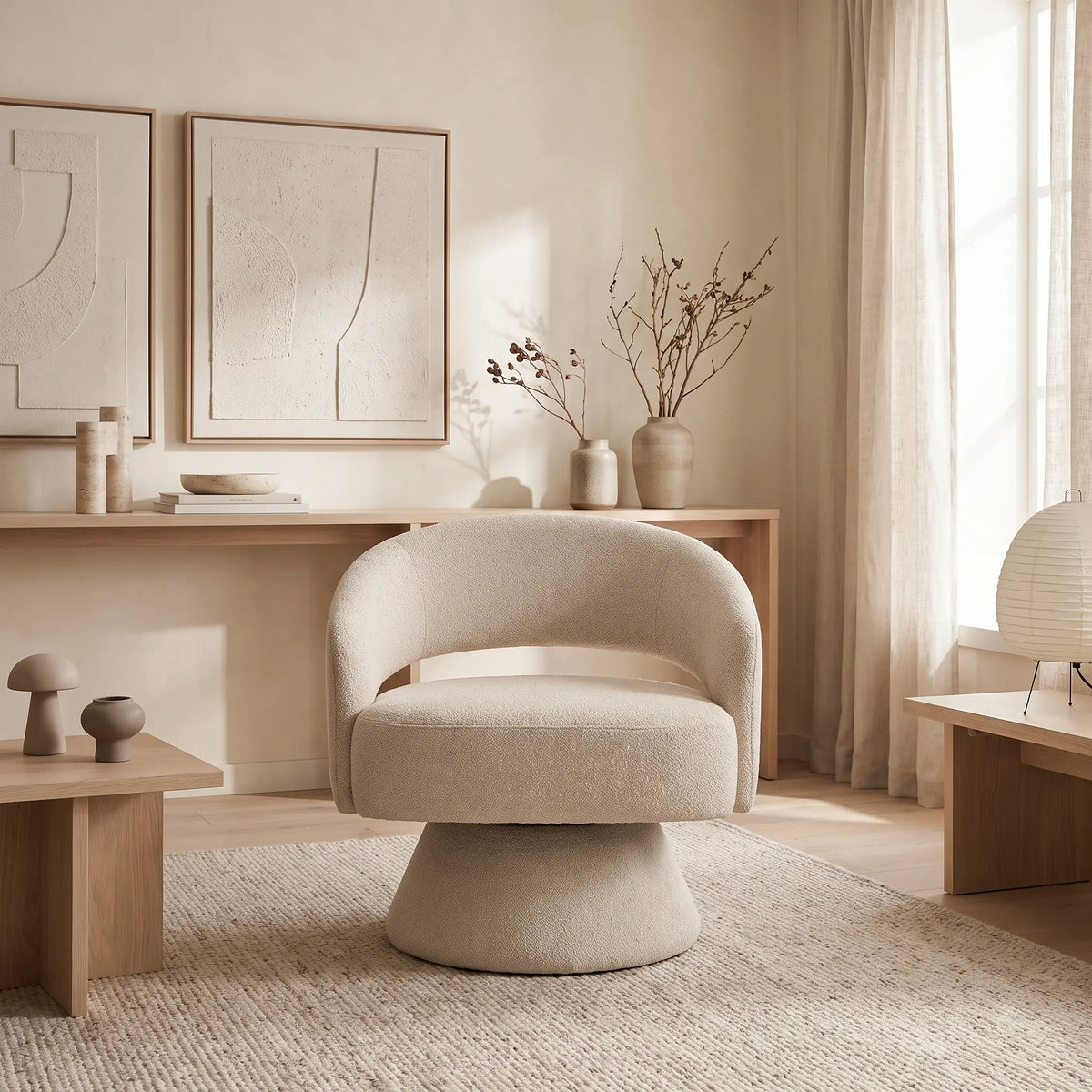 Fauteuil Japandi pivotant en tissu chenille beige - Fedote