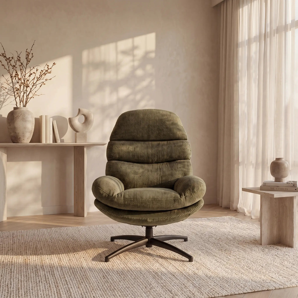 Fauteuil Japandi pivotant en tissu vert - Lizuta