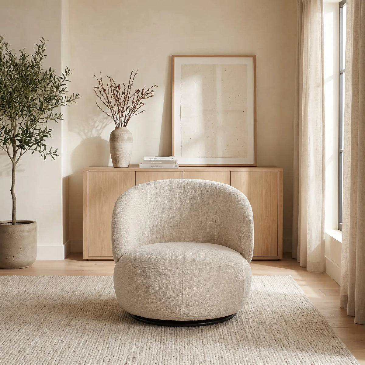 Fauteuil Japandi pivotant rond en tissu texturé beige - Lacazo