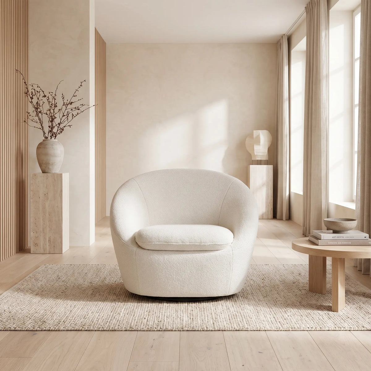 Fauteuil Japandi rond pivotant en tissu bouclette blanc - Lacara