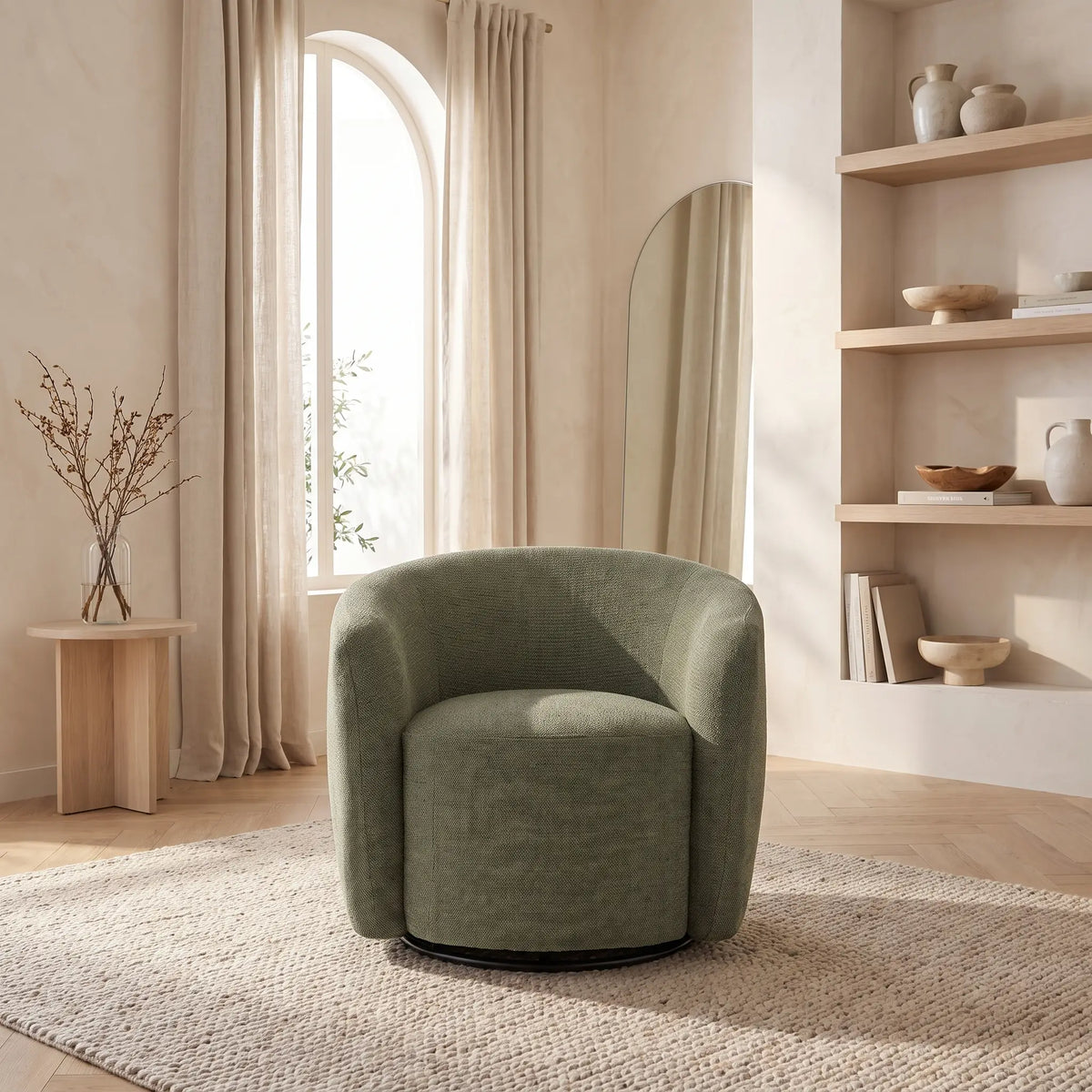 Fauteuil Japandi pivotant rond en tissu texturé kaki - Vereide