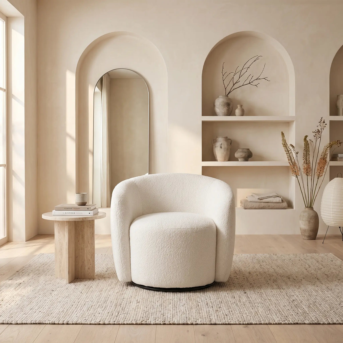 Fauteuil Japandi rond pivotant en tissu bouclette blanc - Vereide