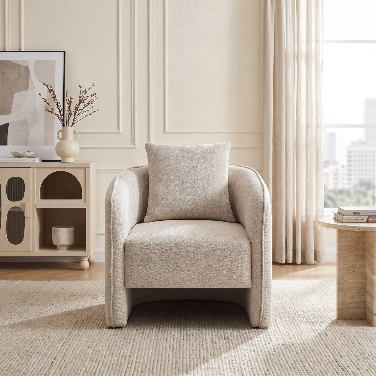 Fauteuil Japandi en tissu chiné beige - Lanito