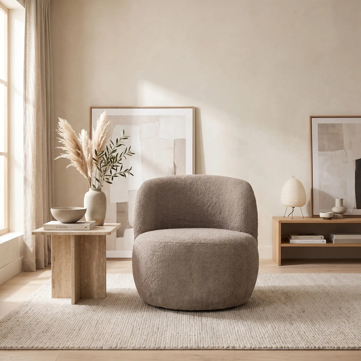 Fauteuil Japandi rond en bouclette taupe - Mo
