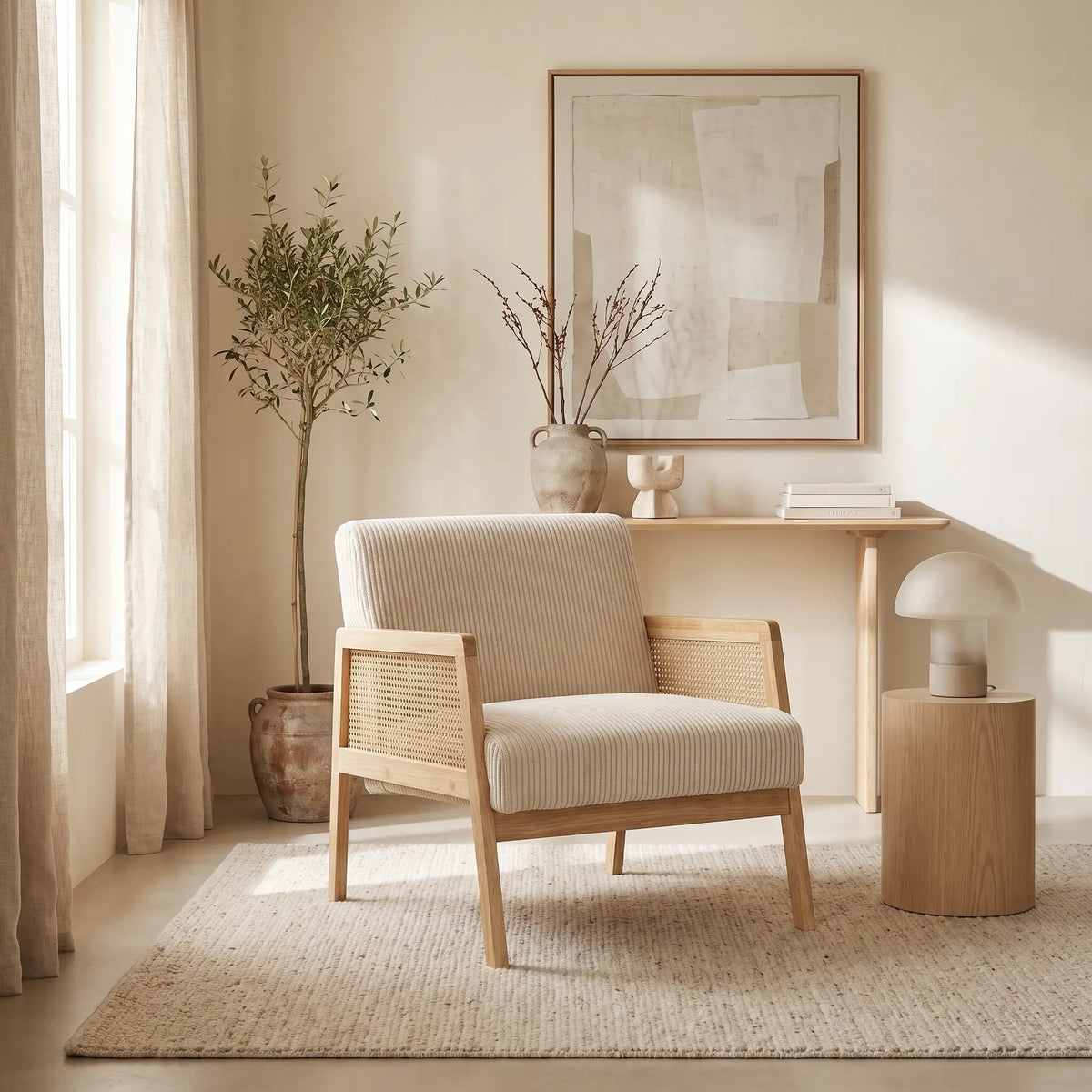 Fauteuil Japandi en cannage et velours côtelé beige - Mani
