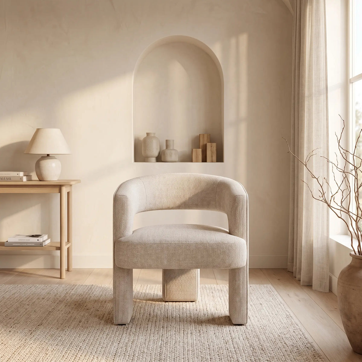 Fauteuil Japandi en tissu texturé beige - Fontanova