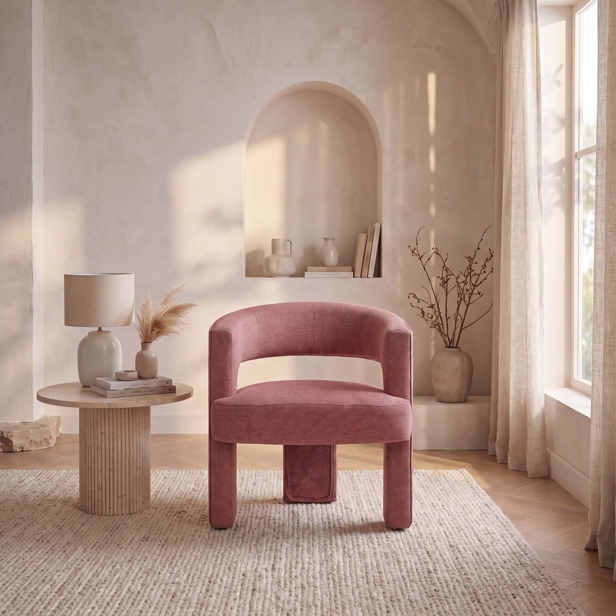 Fauteuil Japandi en tissu texturé terracotta - Fontanova