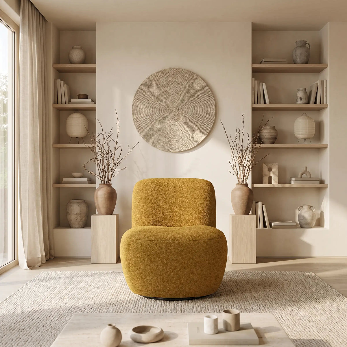 Fauteuil Japandi pivotant en tissu bouclette jaune moutarde - Jena