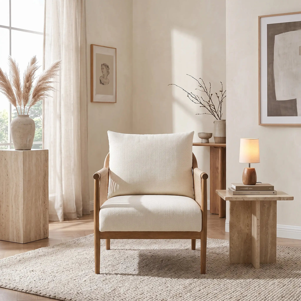 Fauteuil Japandi bohème en bois massif et corde de papier tressée beige