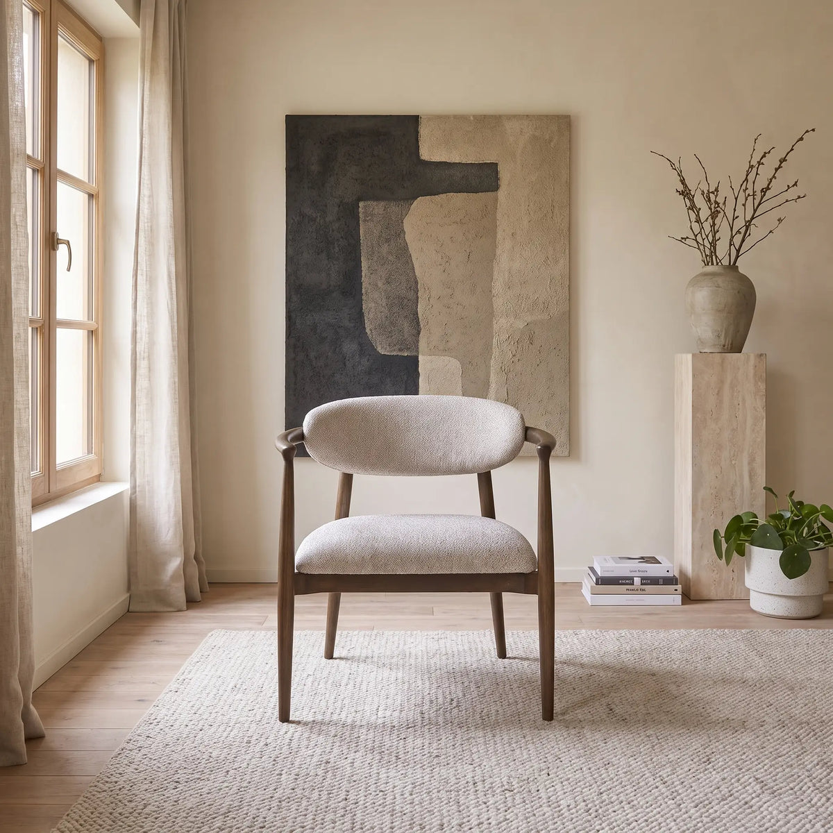 Fauteuil Japandi en bois de hêtre et tissu texturé beige chiné - Côme
