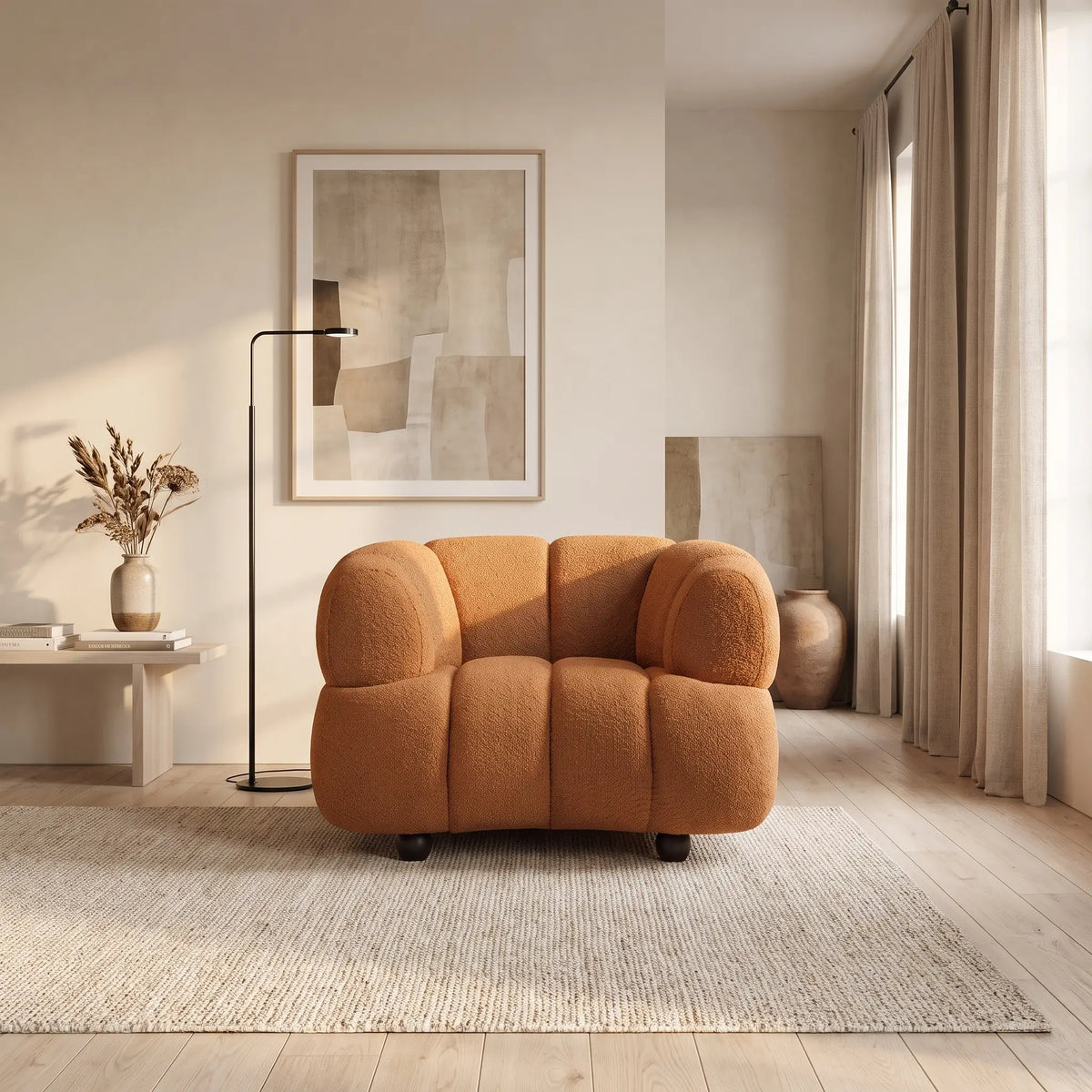 Fauteuil Japandi matelassé en bouclette terracotta avec pieds en bois - Coliani
