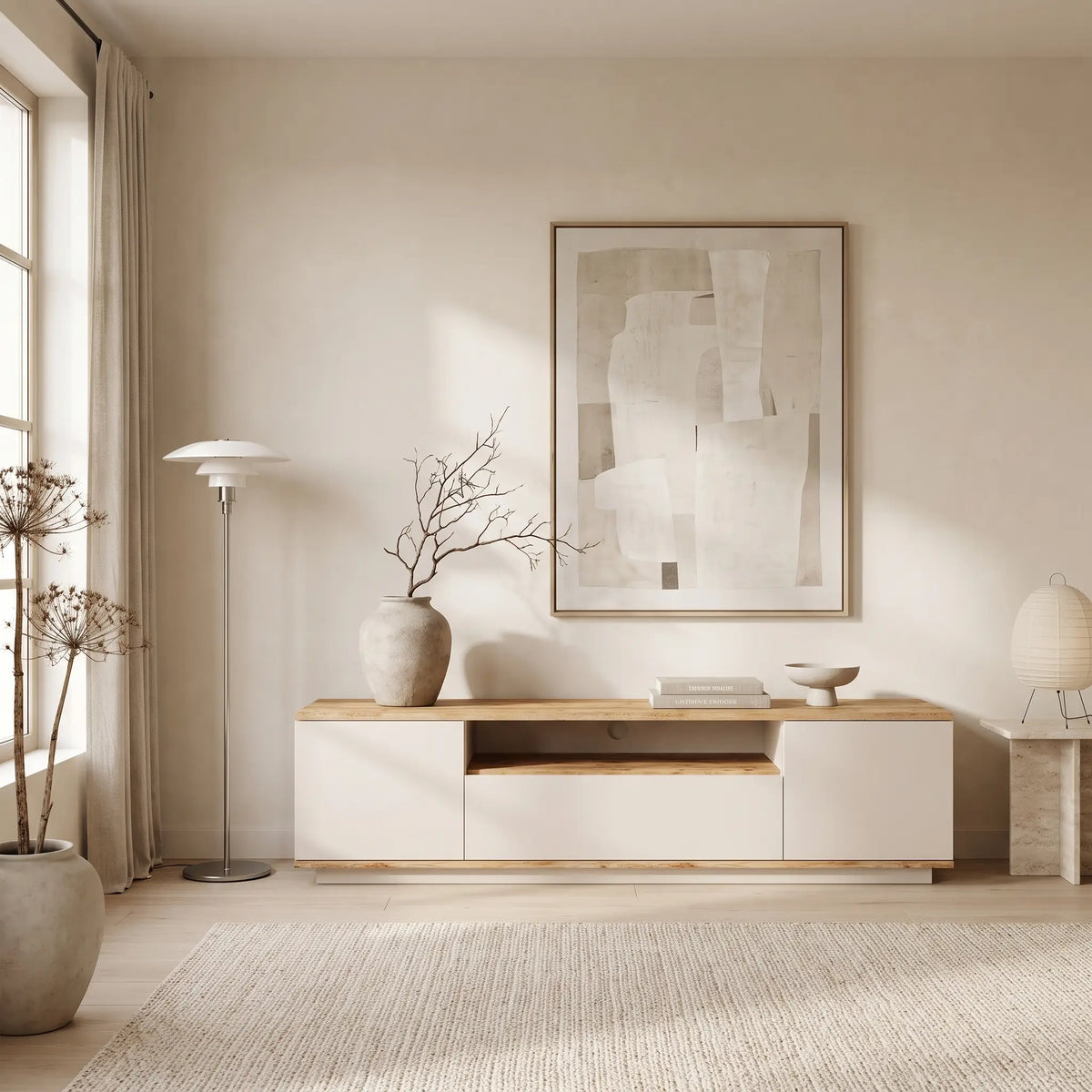 Meuble TV Japandi 3 portes et 1 niche beige et effet bois naturel 180 x 44,6 cm - Lotula
