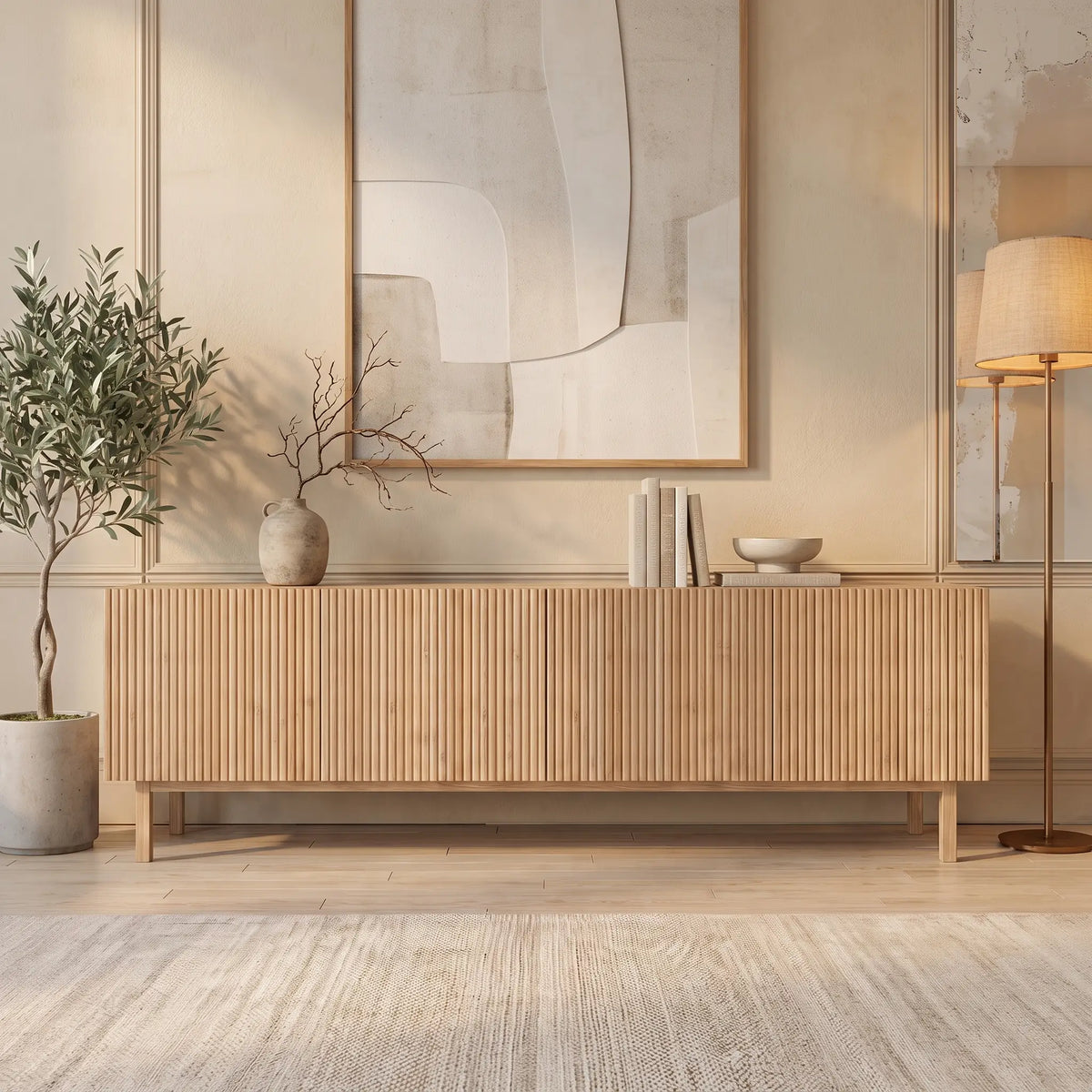 Meuble TV Japandi 2 portes rainurées effet bois naturel clair pieds hêtre 180 x 43,5 cm - Zumeya