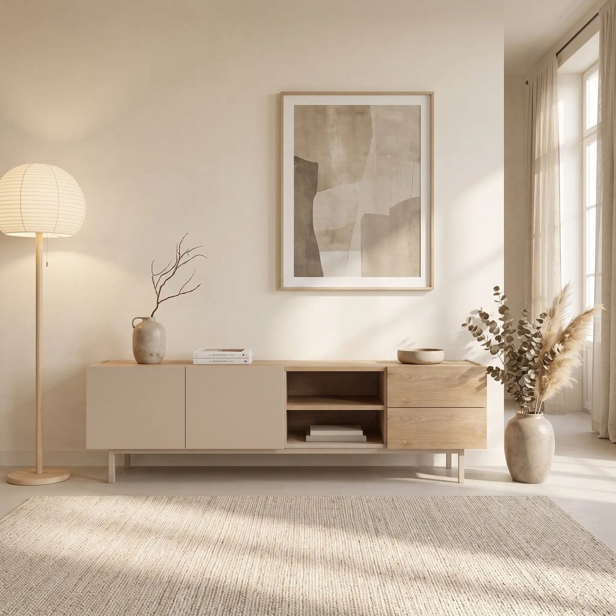 Meuble TV Japandi 2 portes 2 tiroirs et 2 niches beige et naturel clair 180 x 48,5 cm - Reyala