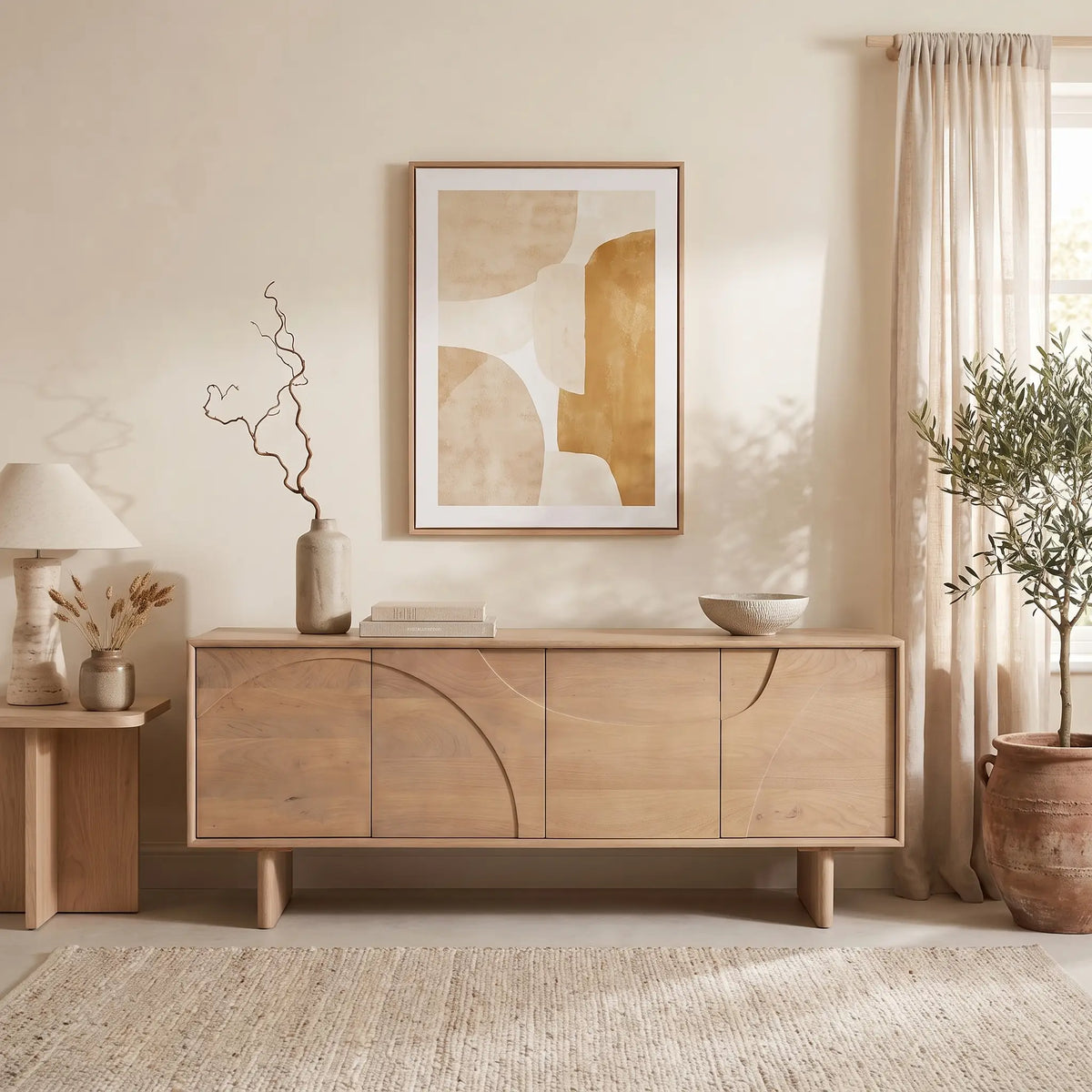 Meuble TV Japandi 4 portes push to open en bois de manguier naturel clair 160 x 60 cm - Berlama