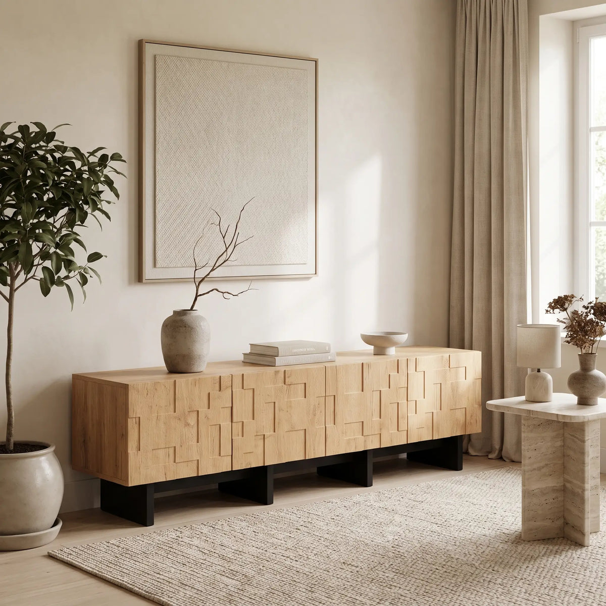 Meuble TV Japandi 4 portes motif gaufré en MDF finition bois naturel 180 x 45 cm