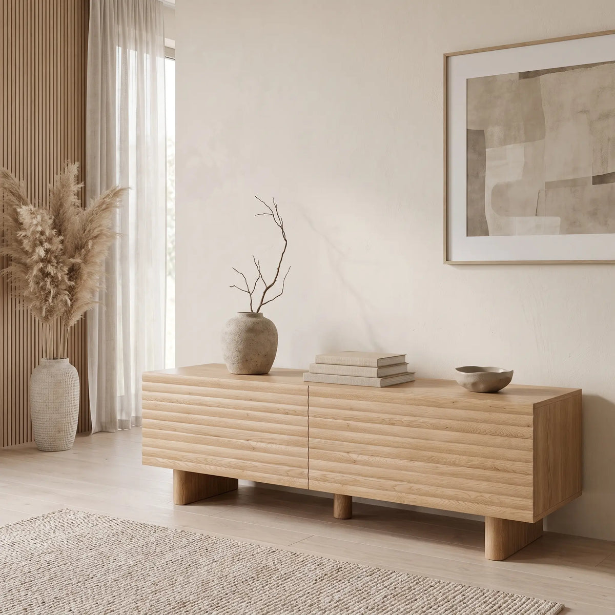 Meuble TV Japandi 2 portes façade rainurée en MDF naturel 180 x 46,1 cm - Ludima