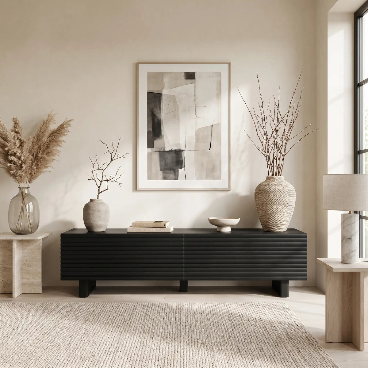 Meuble TV Japandi 2 portes façade rainurée en MDF noir 180 x 46,1 cm - Ludima