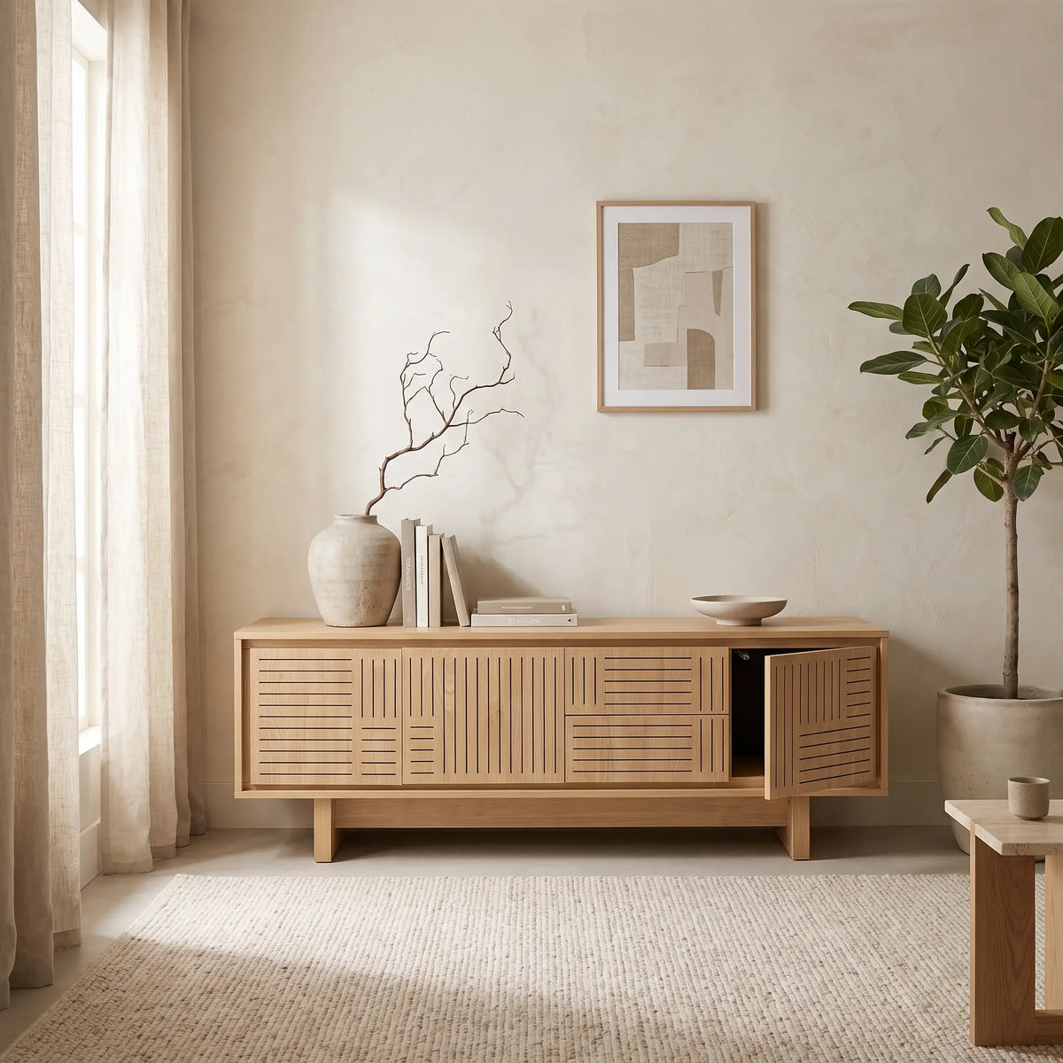 Meuble TV Japandi 3 portes et 2 tiroirs push to open effet orme naturel 150 x 51,5 cm