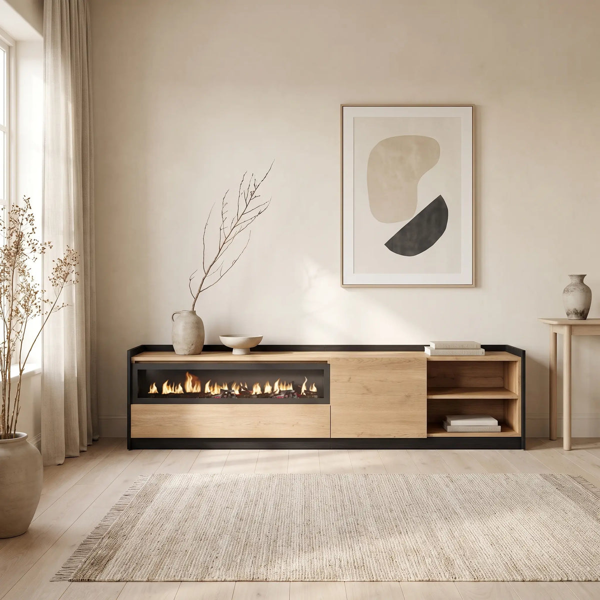 Meuble TV Japandi avec cheminée électrique effet chêne et noir 207 x 50 cm