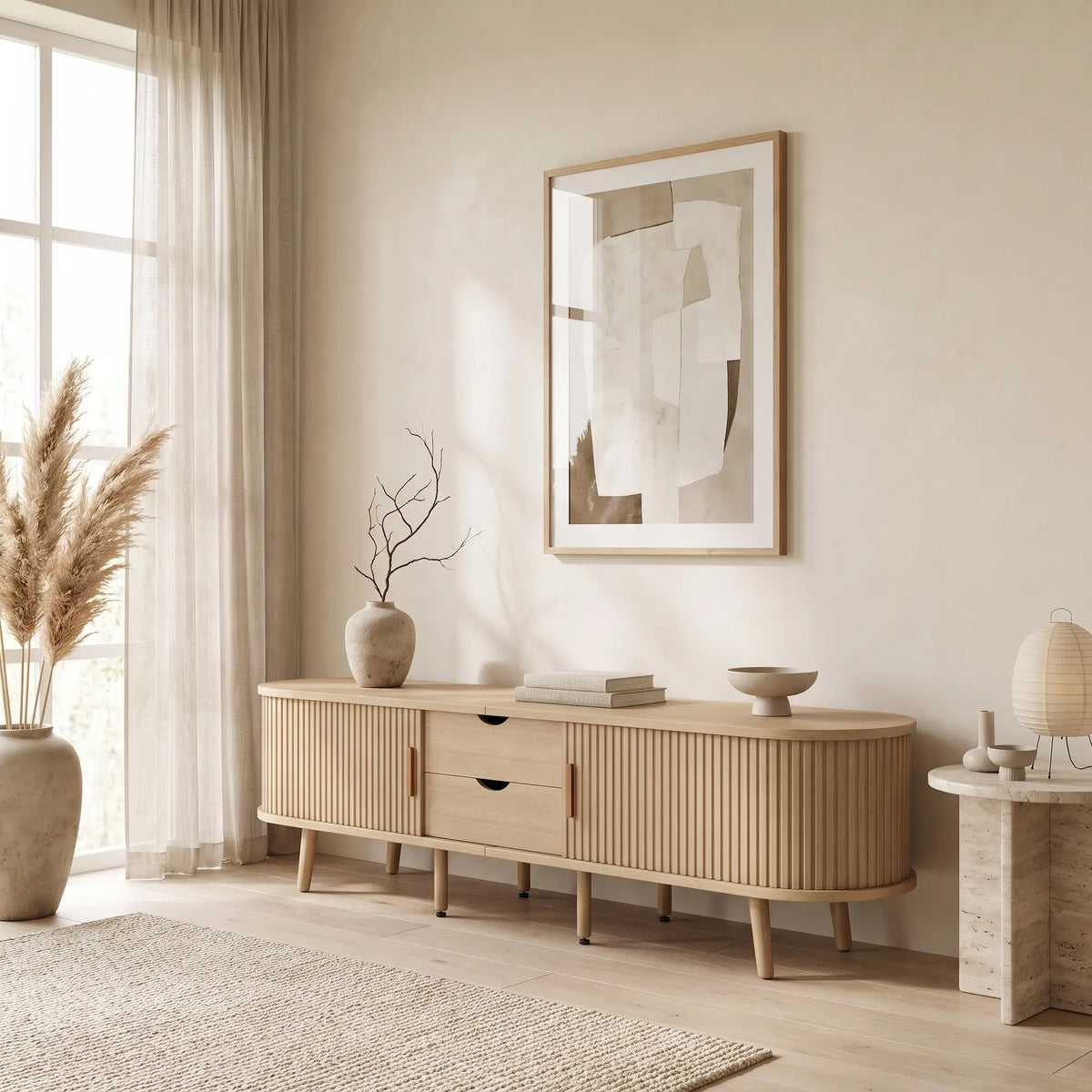 Meuble TV Japandi ovale 2 tiroirs et 2 portes coulissantes effet noyer clair 175 x 42 cm