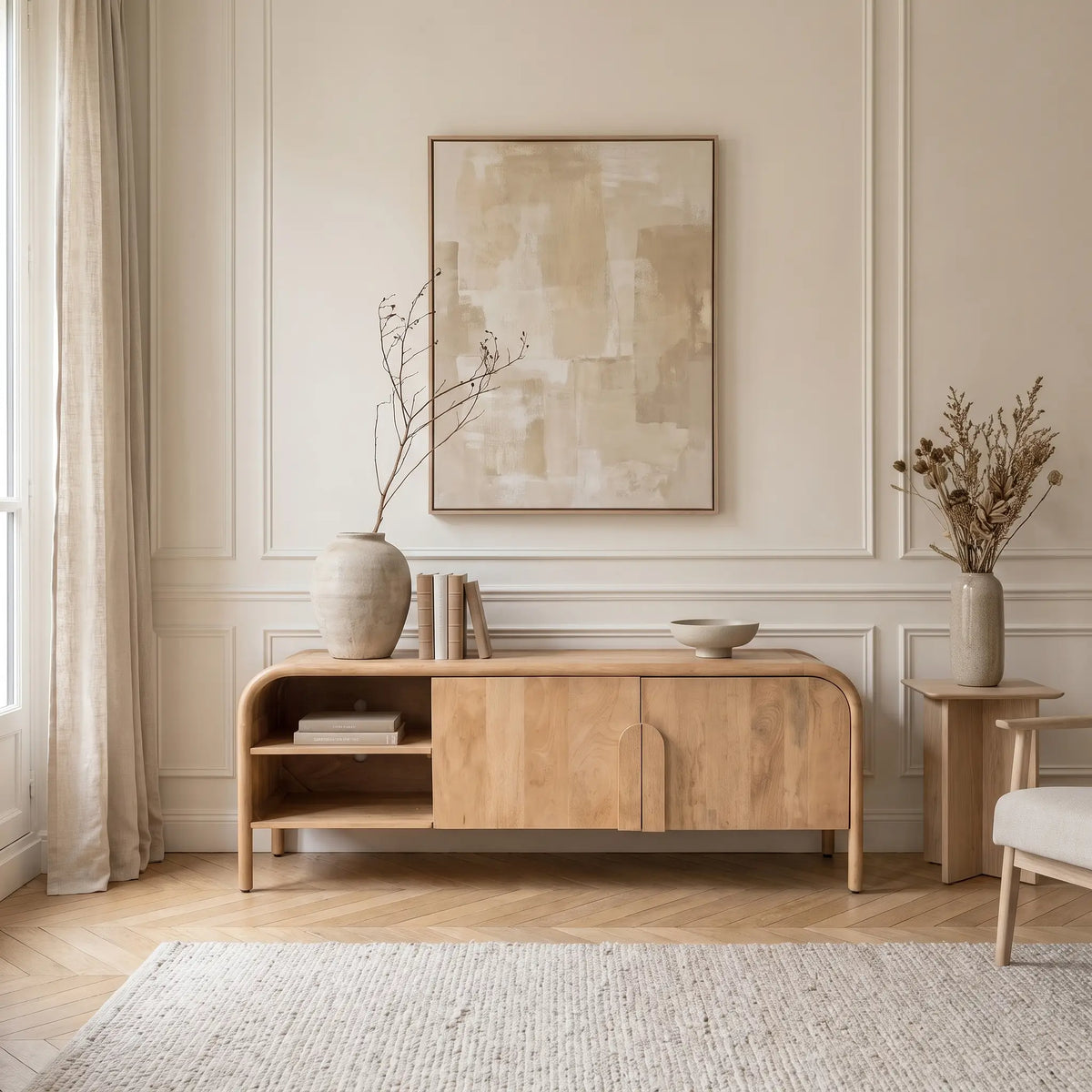Meuble TV Japandi 2 portes et 2 niches en bois de manguier massif 150 x 55 cm - Bali