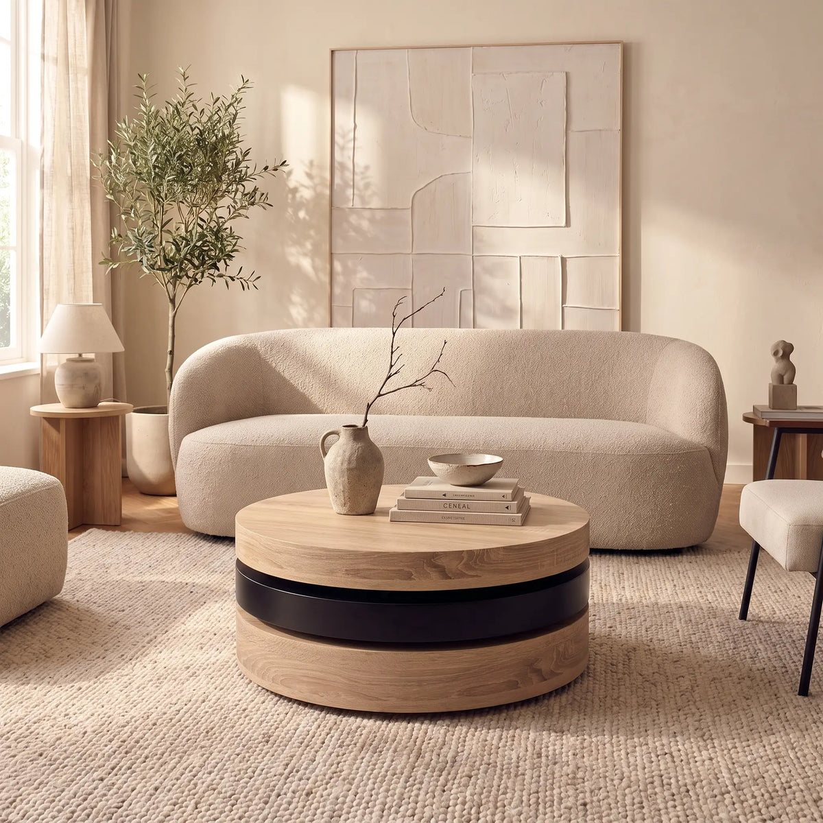 Table basse Japandi ronde pivotante avec niche en MDF noir et naturel clair Ø 80 cm - Janita