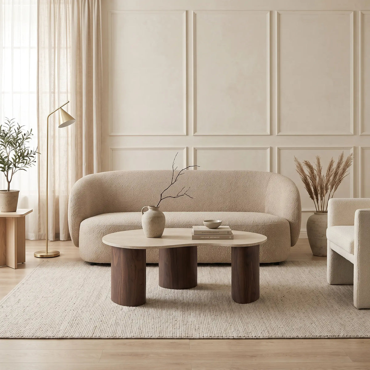 Table basse Japandi organique en MDF effet travertin beige et naturel foncé 120 x 60 cm - Alozya